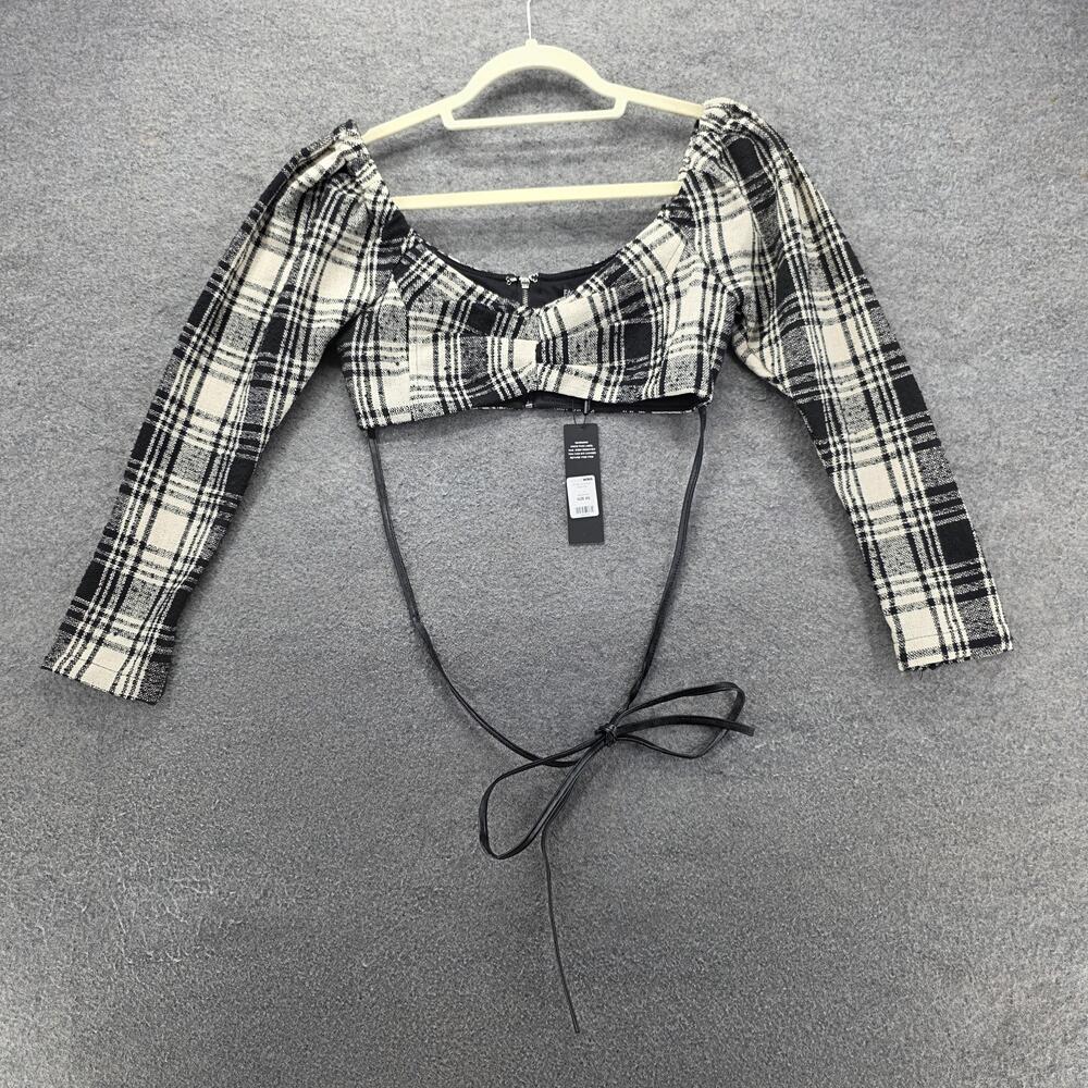 Fashion Nova Crop Top Womens XS Black White Plaid Tie All But Average 81107SK